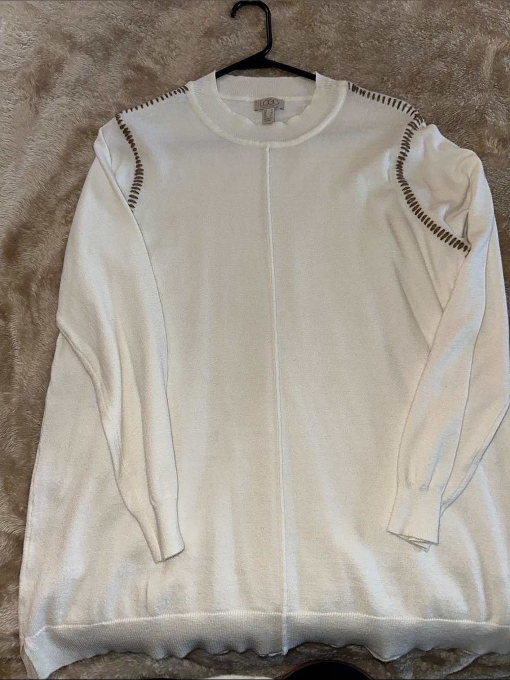 LOGO by Lori Goldstein Cream Crewneck Sweater with Contrast Stitch